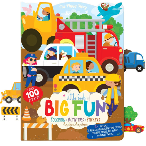Children's activity book with colorful illustrations of vehicles and characters on a white background.