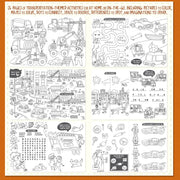 Transportation-themed activity book with various illustrations and text on a white background.