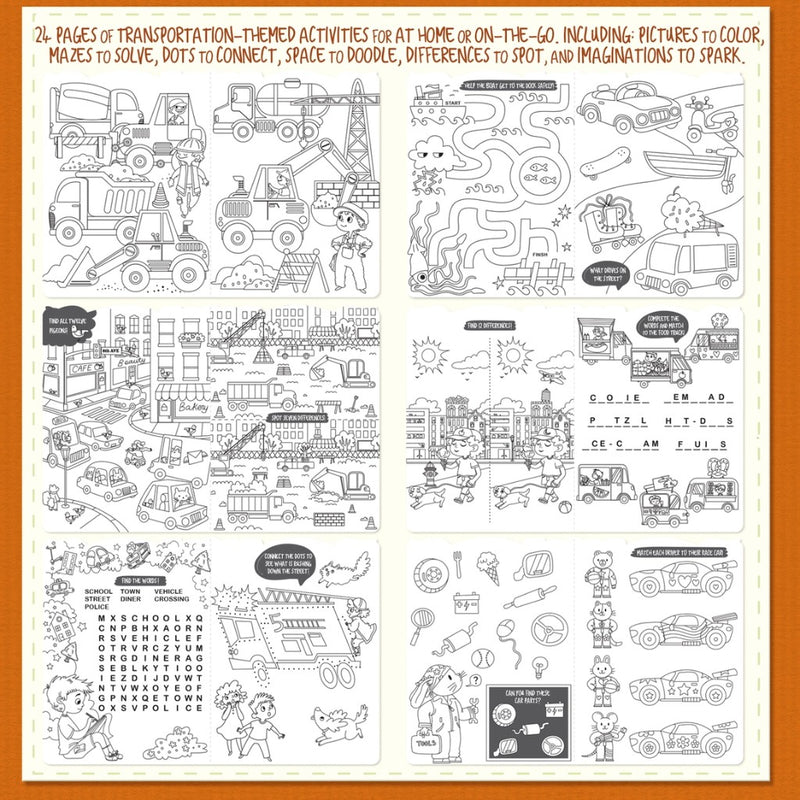 Transportation-themed activity book with various illustrations and text on a white background.