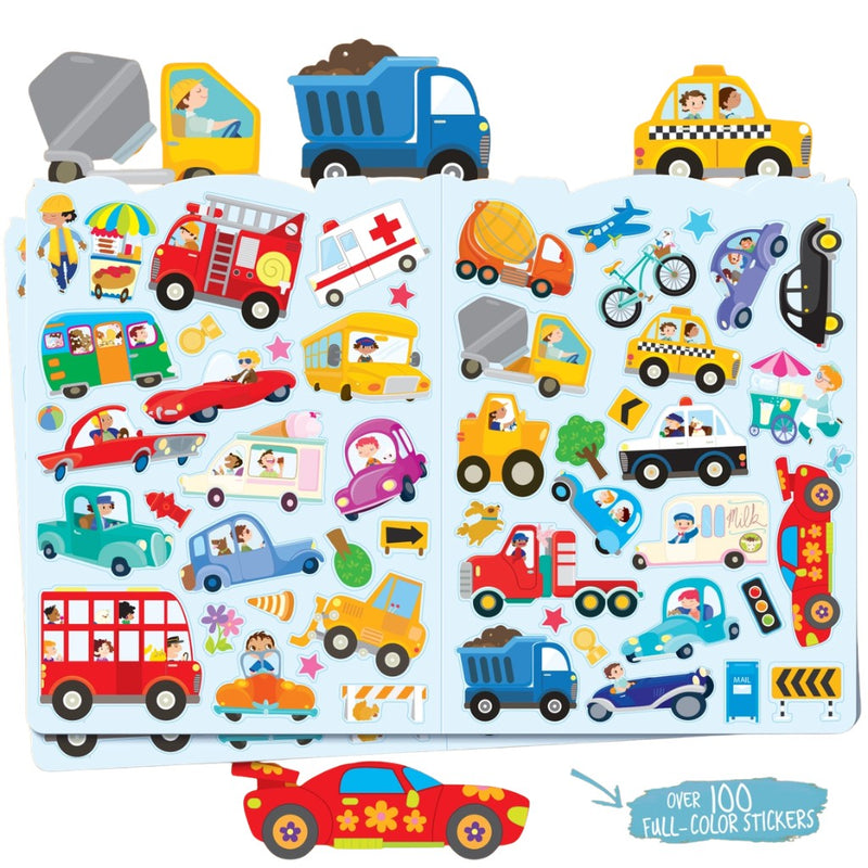 Collection of colorful transportation-themed stickers on a white background