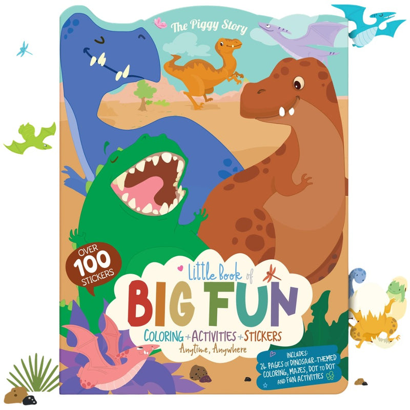 Children's activity book with dinosaur illustrations on a white background
