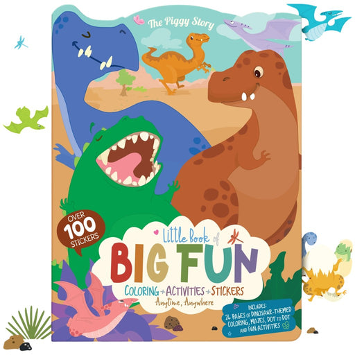 Children's activity book with dinosaur illustrations on a white background