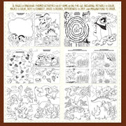 Black & White coloring sheet with numerous scenes of dinosaurs.