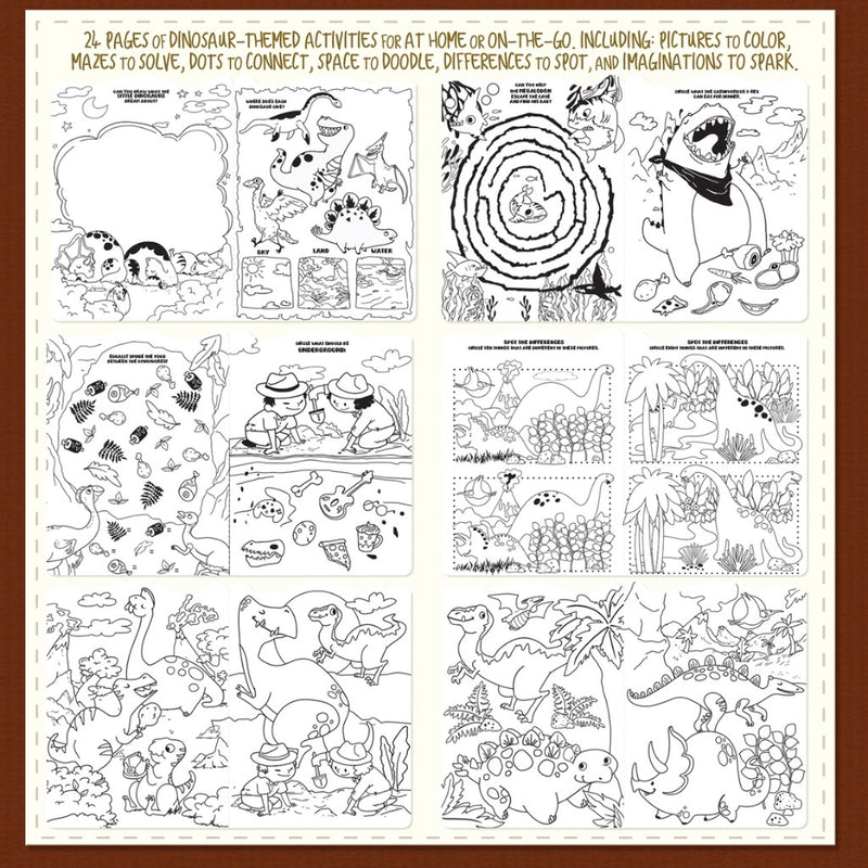 Black & White coloring sheet with numerous scenes of dinosaurs.