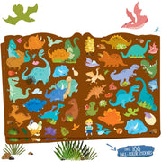 Sheets of dinosaur stickers on brown background.