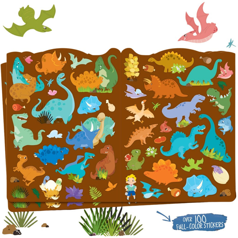 Sheets of dinosaur stickers on brown background.
