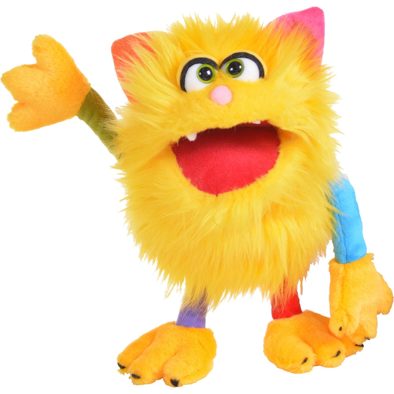 Colorful yellow furry puppet with googly eyes, open mouth, and rainbow colored limbs