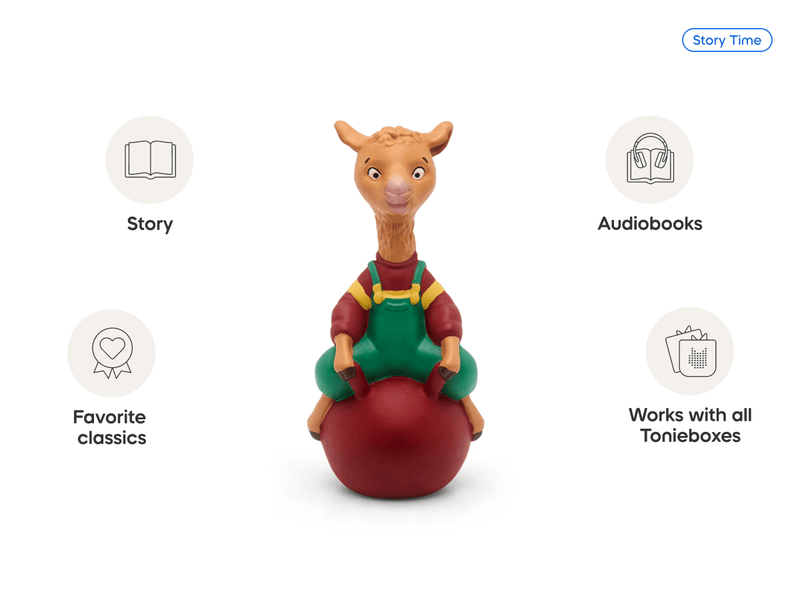Llama Llama Tonie figure with llama character sitting on red ball with feature icons
