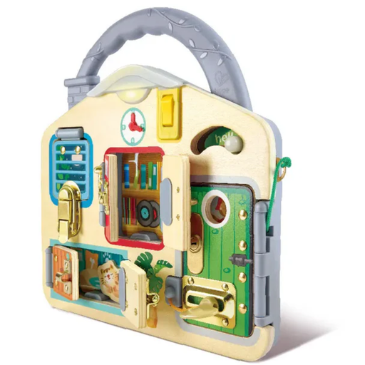 Hape's Lock & Learn playboard shows different play activities -- opening doors, opening closed latches.  