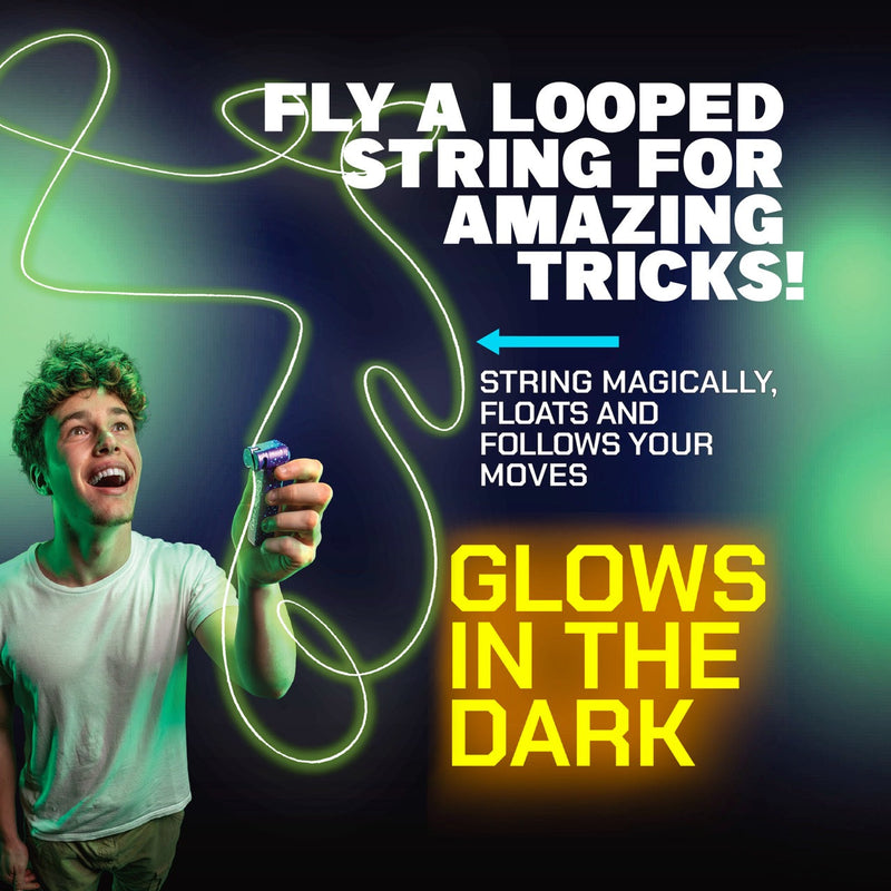 Person using glowing green ZipString toy with floating looped string in dark setting