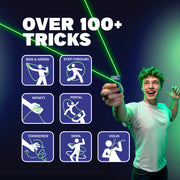 Young man demonstrating ZipString tricks with green laser effects and trick icons
