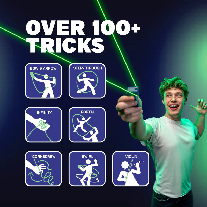 Young man demonstrating ZipString tricks with green laser effects and trick icons