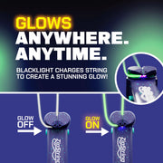 ZipString Luma showing glow-in-the-dark feature activated by blacklight demonstration