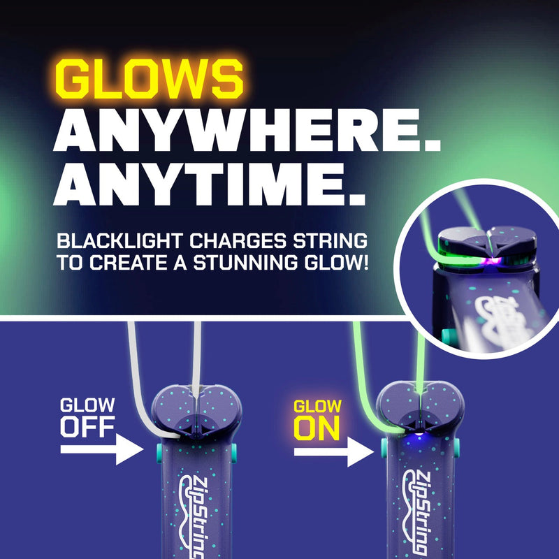 ZipString Luma showing glow-in-the-dark feature activated by blacklight demonstration