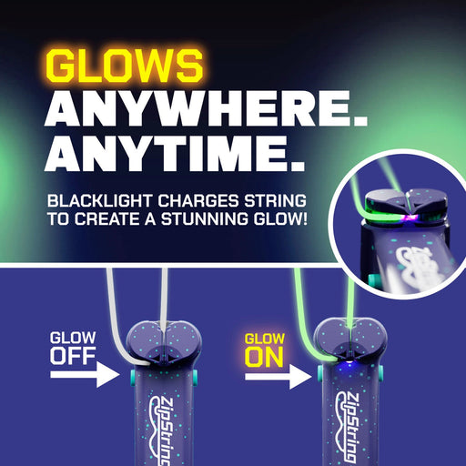 ZipString Luma showing glow-in-the-dark feature activated by blacklight demonstration