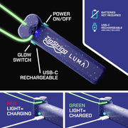 ZipString Luma product features showing power button glow switch USB-C charging and light indicators