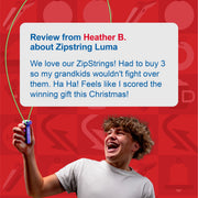 Young man using blue ZipString Luma toy with customer review testimonial overlay