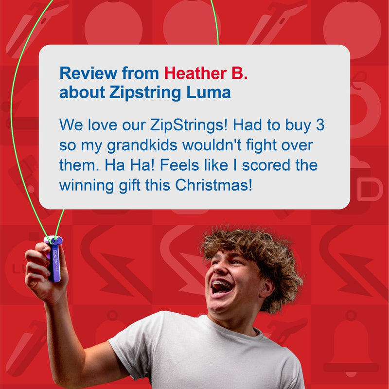 Young man using blue ZipString Luma toy with customer review testimonial overlay