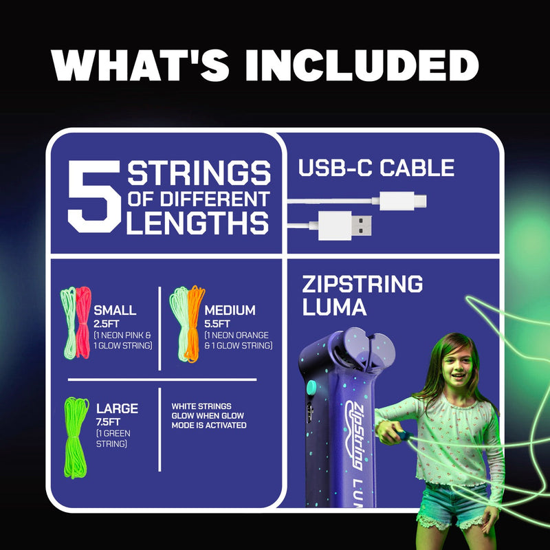 ZipString Luma product contents infographic showing included strings, USB cable, and lifestyle usage