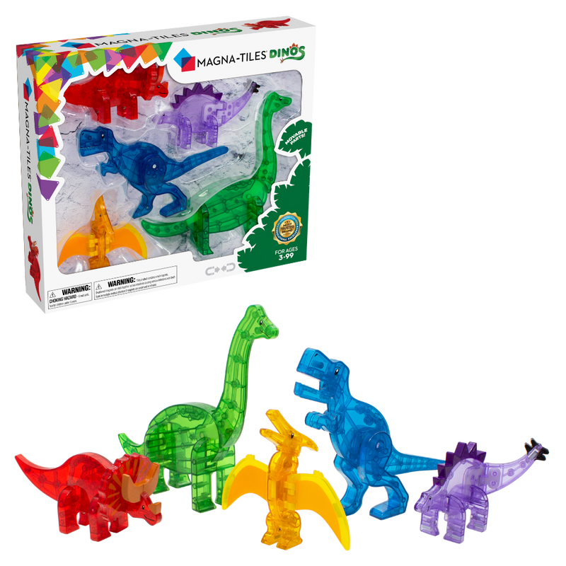 Magna-Tiles Dinos 5-piece magnetic building set with colorful translucent dinosaur figures