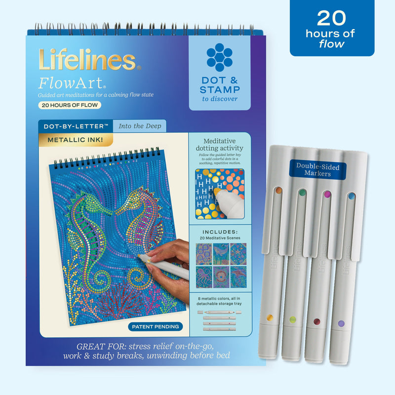 Lifelines FlowArt dot-by-letter meditation kit with metallic markers and seahorse design