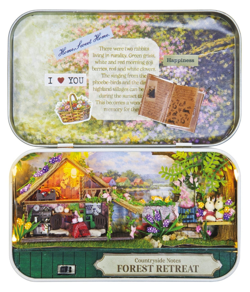DIY Miniatures Forest Retreat tin box diorama open showing detailed woodland scene