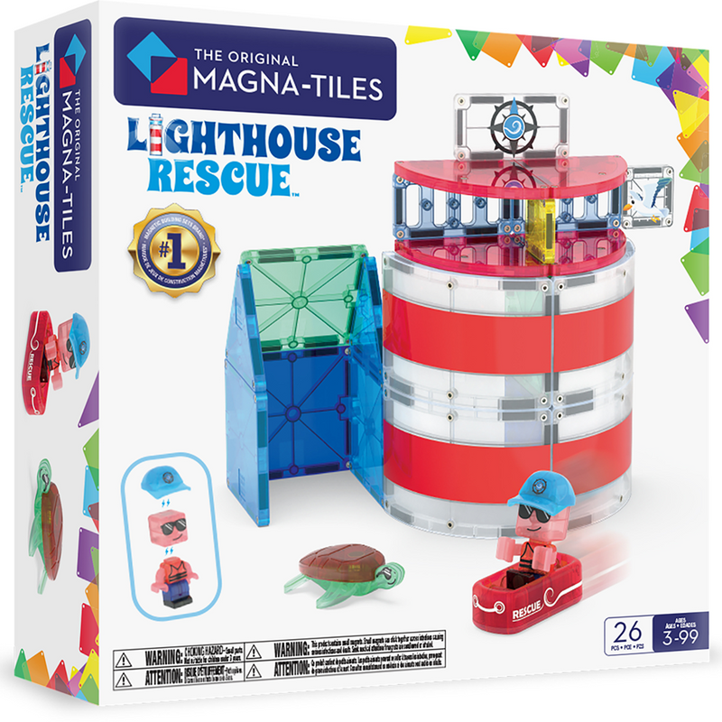 Magna-Tiles Lighthouse Rescue 26-piece magnetic building set with lighthouse tower, rescue figure, and sea turtle