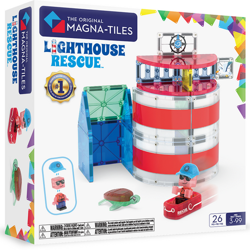 Magna-Tiles Lighthouse Rescue 26-piece magnetic building set with lighthouse tower, rescue figure, and sea turtle