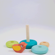 Colorful wooden stacking toy with bird featuring rings in green, blue, orange, and natural wood tones