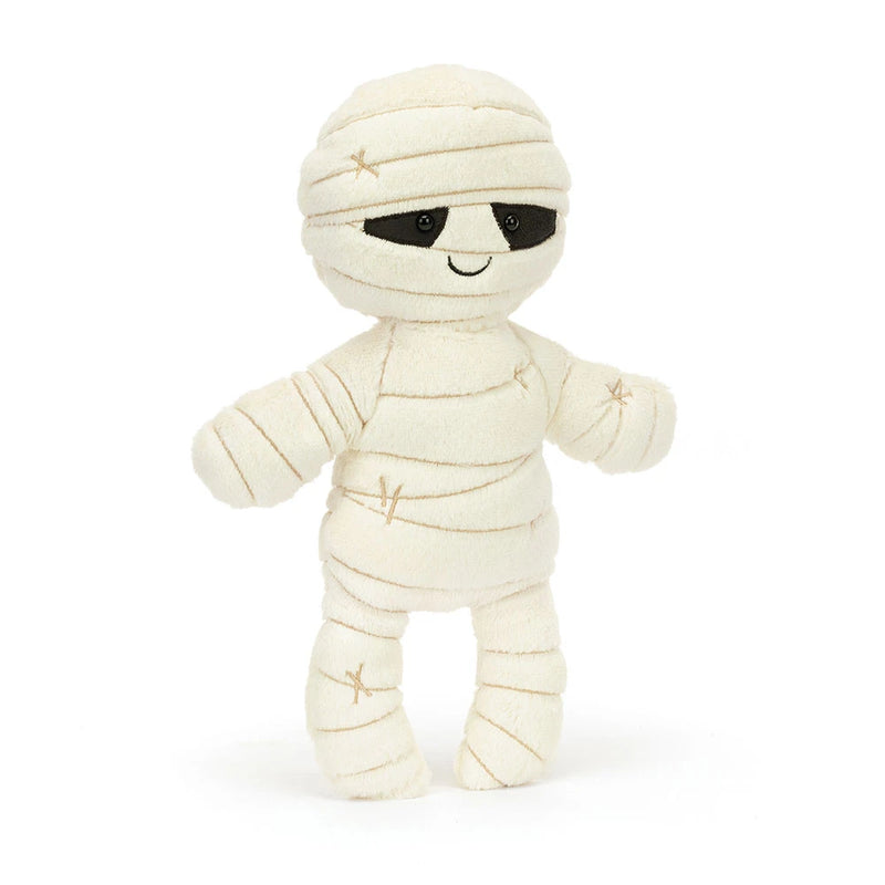 Jellycat Mummy Bob plush toy with cream bandages and smiling face on white background