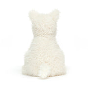 Cream colored fluffy Munro Scottie Dog plush toy by Jellycat on white background