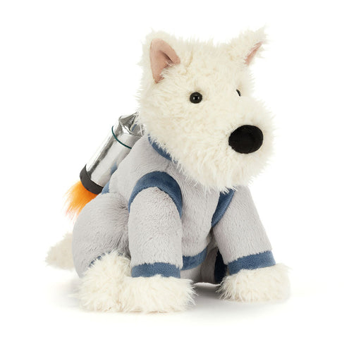 White fluffy scottie dog plush toy wearing gray space suit with rocket jetpack