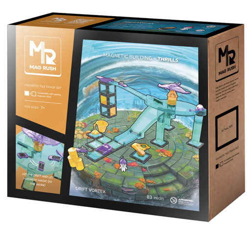 Box of Mag Rush Drift Vortex magnetic building set with colorful design and branding.