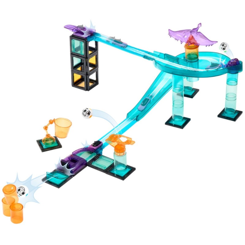 Toy marble run set with blue track and orange cups on a white background