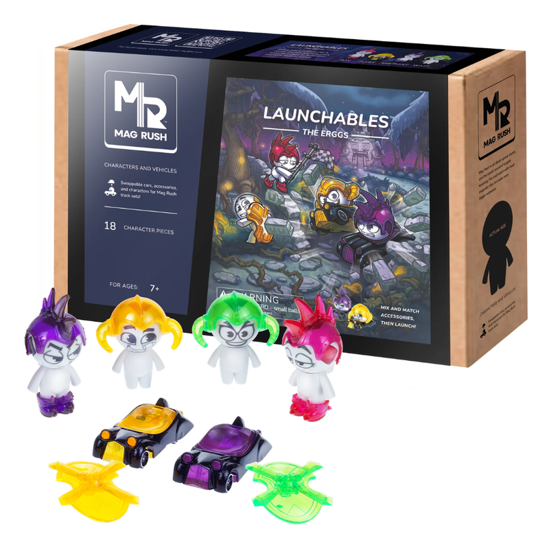 Mag Rush Launchables toy set with colorful 'Ergg' figures and packaging