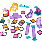 Colorful toy building blocks and components on a white background