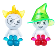 Two 'Oggs" colorful toy figures with hats on a white background