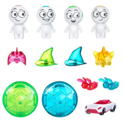 Set of colorful toys including ghost-like figures and various shapes on a white background
