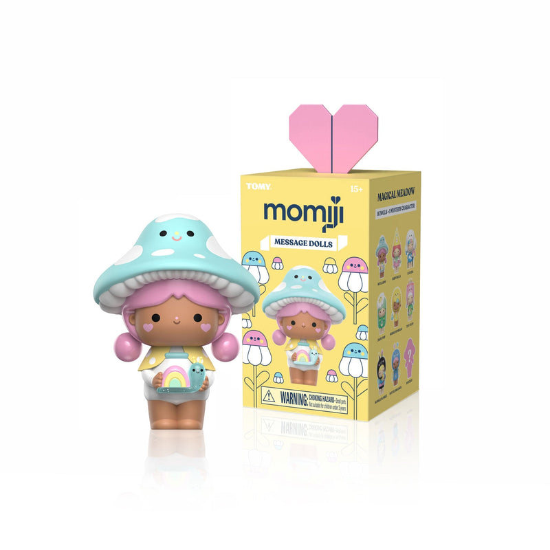 Momiji Magical Meadow blind box featuring mushroom character doll with packaging and heart