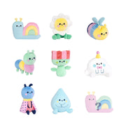 Collection of nine colorful kawaii-style plush toys including snails, flowers, bees, and characters