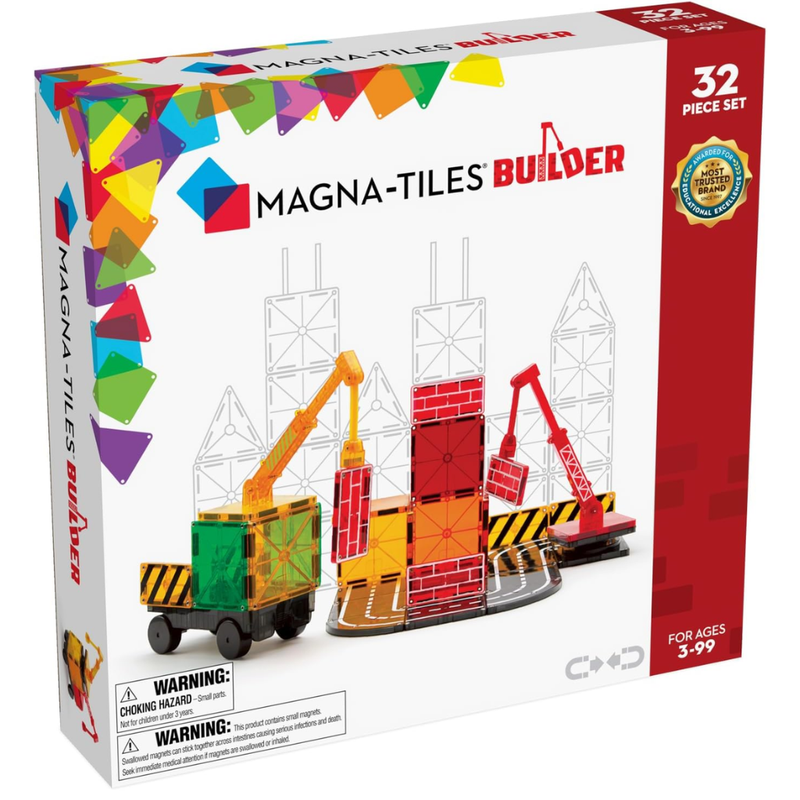 Magna-Tiles Builder set packaging with colorful tiles and construction vehicles on a white background