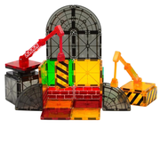 Toy construction set with cranes and colorful crates on a white background