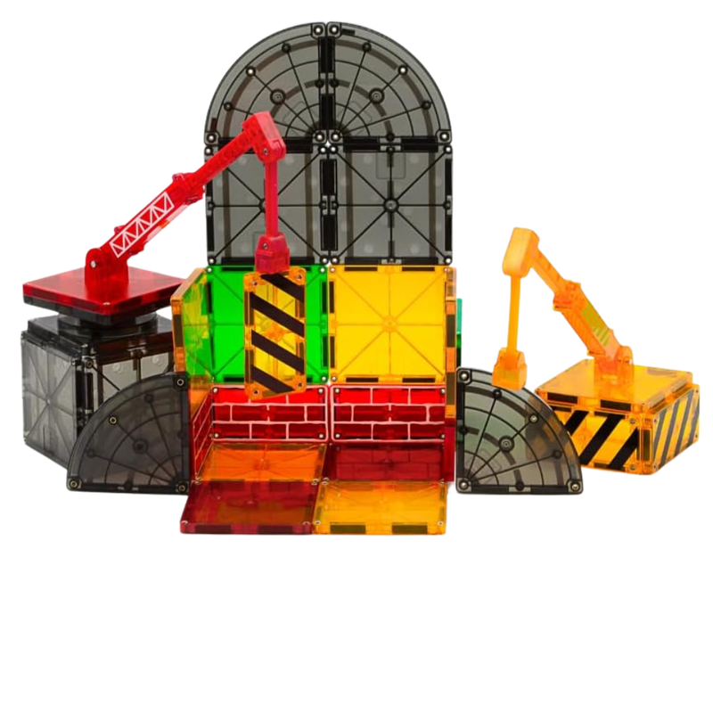 Toy construction set with cranes and colorful crates on a white background