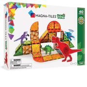 Magna-Tiles Dino World toy set packaging with colorful tiles and dinosaurs on a white background