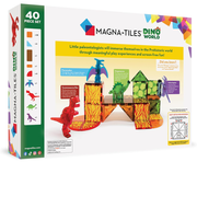 Magna-Tiles Dino World toy set packaging with colorful tiles and dinosaur illustrations.