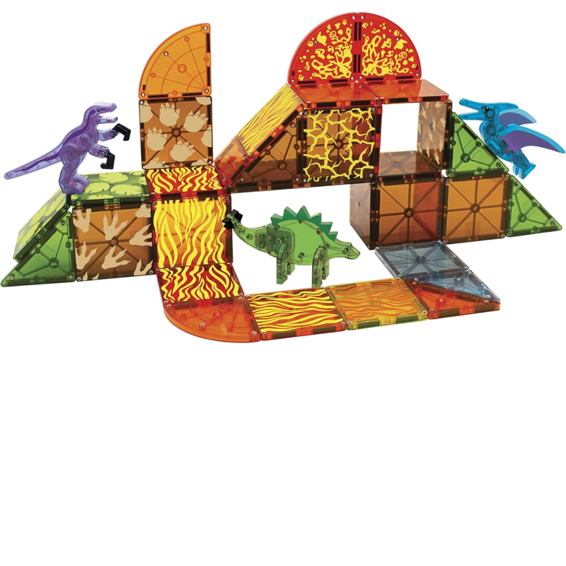 Colorful magnetic building block set with dinosaur figures on a white background