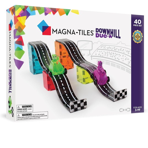 Magna-Tiles Downhill Duo Hill toy set packaging with colorful tracks and figures on a white background.