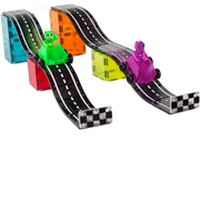 Toy race track set with colorful cars on a white background