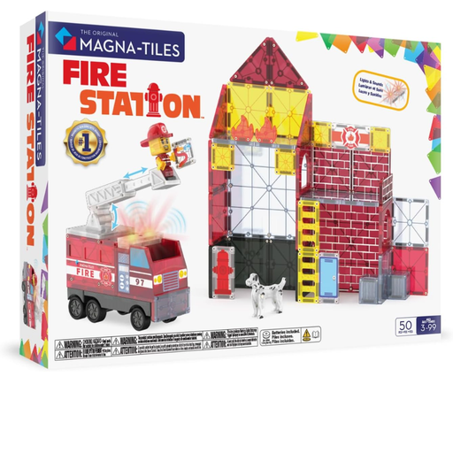Magna-Tiles Fire Station toy set packaging with fire truck and building model.