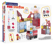 Magna-Tiles Fire Station toy set packaging with fire station and truck models on a white background.